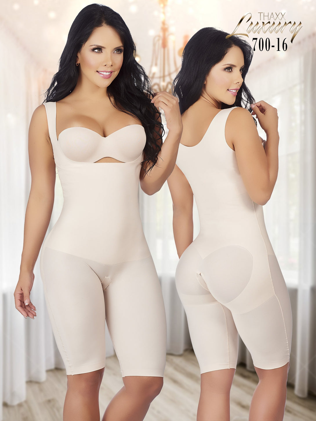 Thaxx Luxury Shapewear Short Bodysuit with Open Bust, Beige